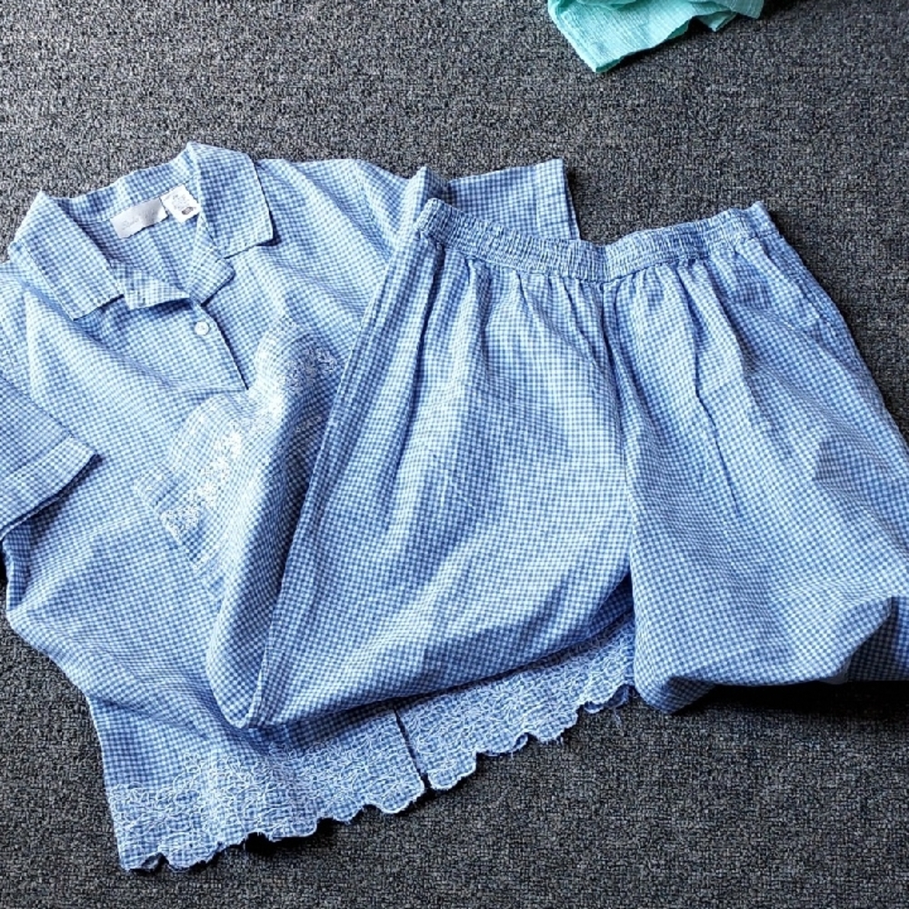 Vintage Studio Works Blue Gingham Checkered Top and Bottom Lounge Set